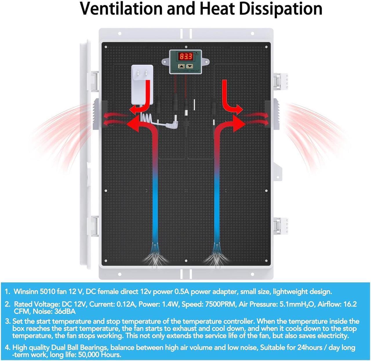 Alt view image 3 of 7 - Outdoor Electrical Box, Waterproof Electrical Junction Box IP65 ABS Plastic Enclosure with Fan & Thermostat, Mounting Plate and Hinged Lid (18.1" Hx 12.5" L x 6.3" W)