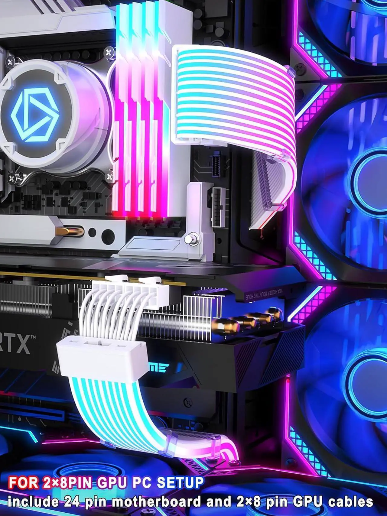 Alt view image 2 of 5 - RGB PSU Cable Extension,ARGB PC Power Supply Cable with Soft LED Stripes and PVC Sleeved Extend Cable,16AWG 24 Pin ATX Dual 8 Pin PCIE Set