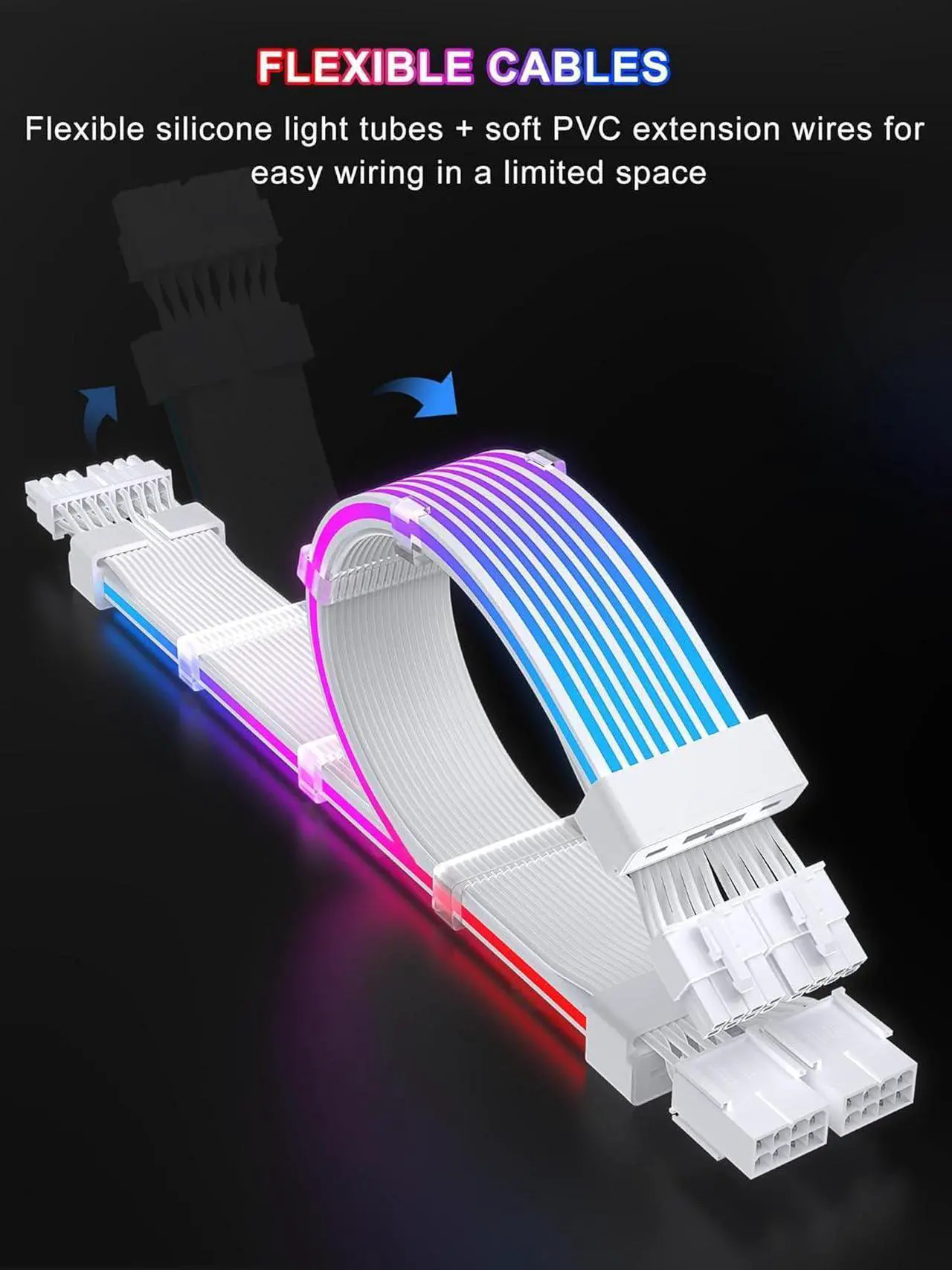 Alt view image 3 of 5 - RGB PSU Cable Extension,ARGB PC Power Supply Cable with Soft LED Stripes and PVC Sleeved Extend Cable,16AWG 24 Pin ATX Dual 8 Pin PCIE Set