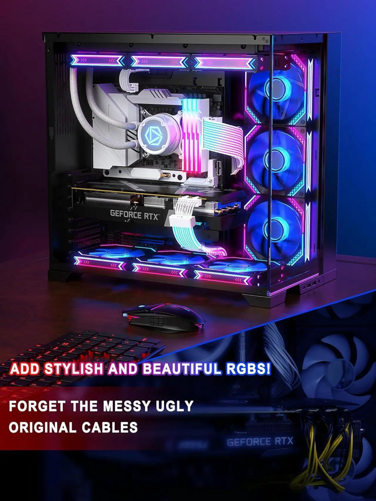 Alt view image 4 of 5 - RGB PSU Cable Extension,ARGB PC Power Supply Cable with Soft LED Stripes and PVC Sleeved Extend Cable,16AWG 24 Pin ATX Dual 8 Pin PCIE Set