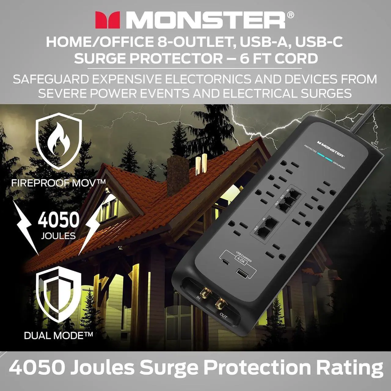 Alt view image 2 of 7 - Black Heavy Duty Surge Protector Power Strip 6 ft Cord with 8 120V-Outlet Extension, 2 Ethernet Switch Ports, 4050J Rating, 1 USB-A, and 1 USB-C Charging Ports  Ideal for Computers and Office