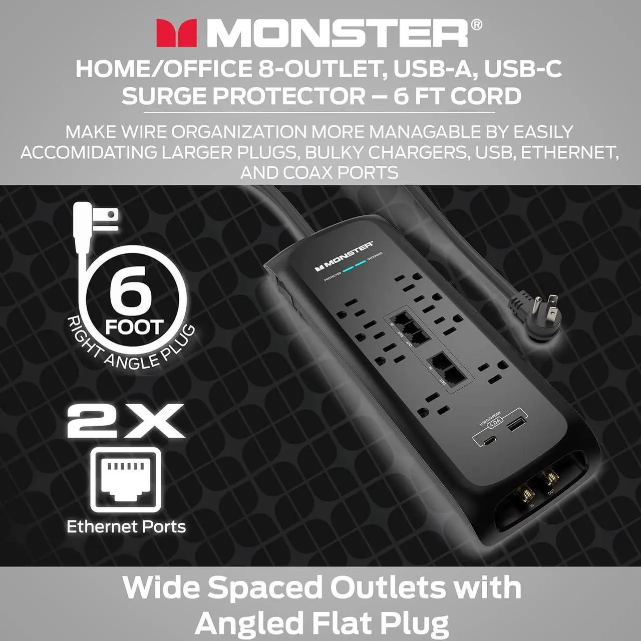 Alt view image 3 of 7 - Black Heavy Duty Surge Protector Power Strip 6 ft Cord with 8 120V-Outlet Extension, 2 Ethernet Switch Ports, 4050J Rating, 1 USB-A, and 1 USB-C Charging Ports  Ideal for Computers and Office