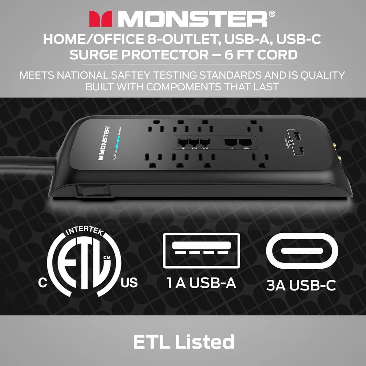Alt view image 4 of 7 - Black Heavy Duty Surge Protector Power Strip 6 ft Cord with 8 120V-Outlet Extension, 2 Ethernet Switch Ports, 4050J Rating, 1 USB-A, and 1 USB-C Charging Ports  Ideal for Computers and Office