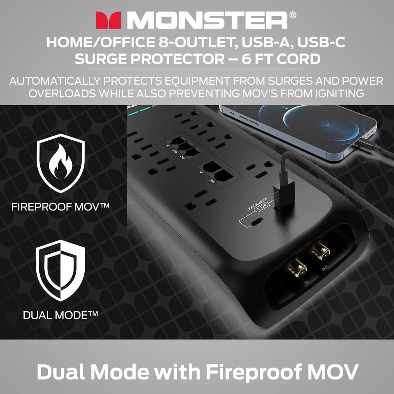 Alt view image 5 of 7 - Black Heavy Duty Surge Protector Power Strip 6 ft Cord with 8 120V-Outlet Extension, 2 Ethernet Switch Ports, 4050J Rating, 1 USB-A, and 1 USB-C Charging Ports  Ideal for Computers and Office