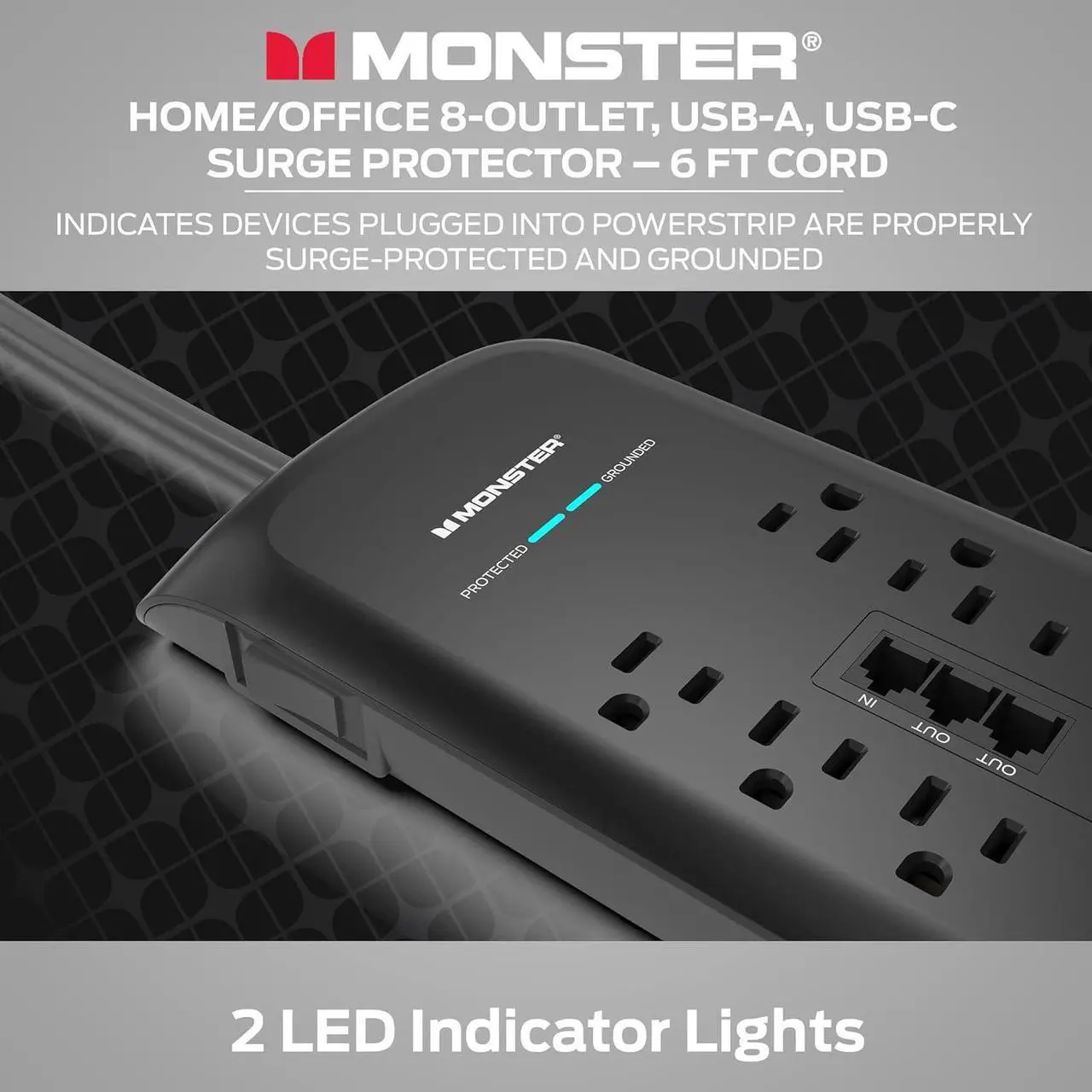 Alt view image 6 of 7 - Black Heavy Duty Surge Protector Power Strip 6 ft Cord with 8 120V-Outlet Extension, 2 Ethernet Switch Ports, 4050J Rating, 1 USB-A, and 1 USB-C Charging Ports  Ideal for Computers and Office