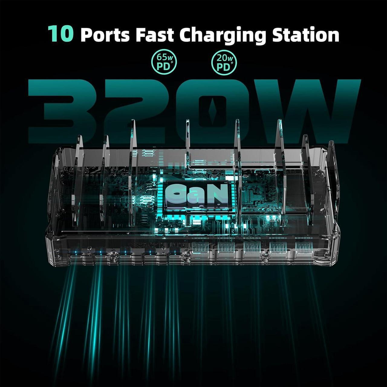 Alt view image 5 of 7 - 320W Charging Station for Multiple Devices, Zobirez 10-Port USB C Fast Charger Stations for MacBook, iPhone, Android Cell Phone, iPad, Tablet, Family Multi-Device Organizer Charging Dock, Black