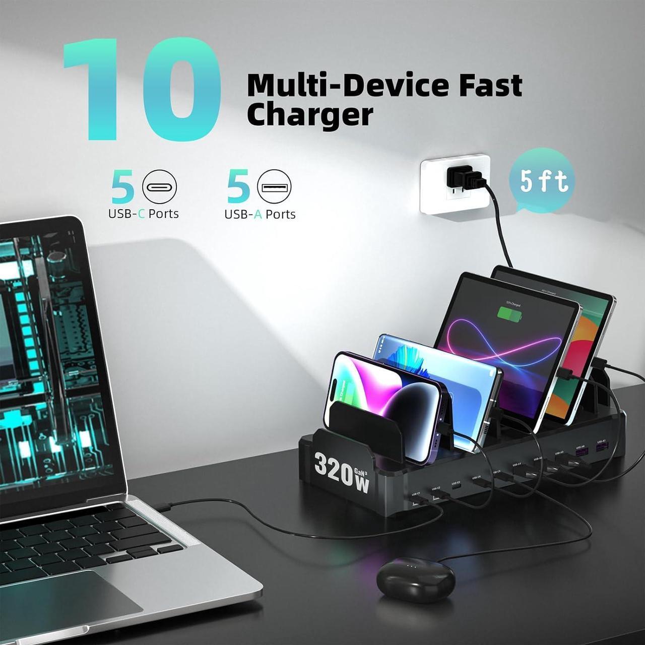 Alt view image 6 of 7 - 320W Charging Station for Multiple Devices, Zobirez 10-Port USB C Fast Charger Stations for MacBook, iPhone, Android Cell Phone, iPad, Tablet, Family Multi-Device Organizer Charging Dock, Black