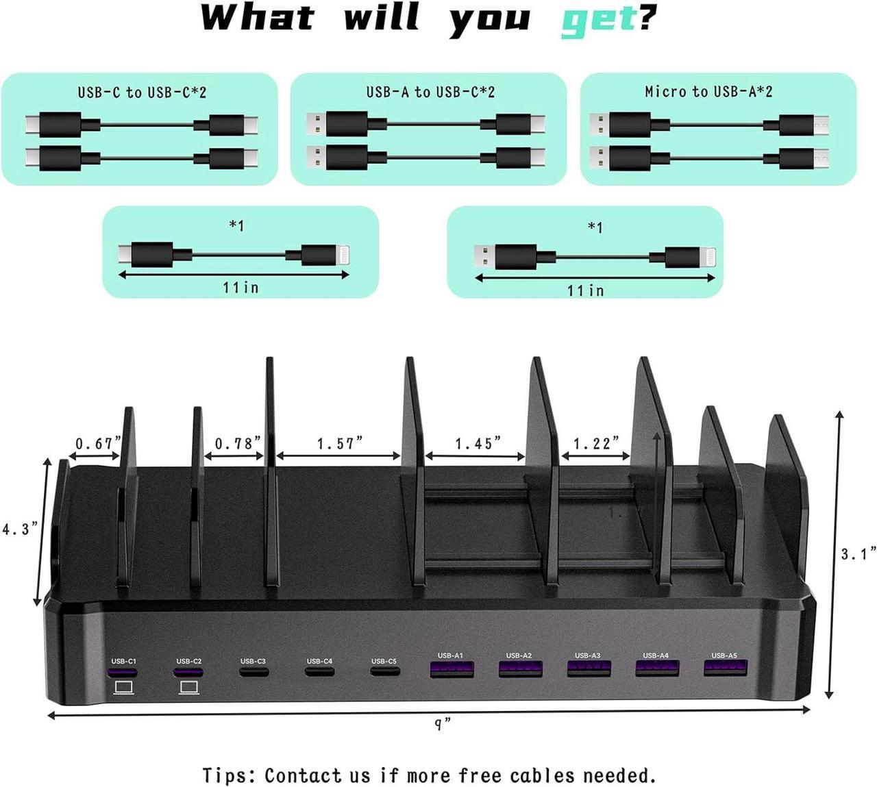 Alt view image 7 of 7 - 320W Charging Station for Multiple Devices, Zobirez 10-Port USB C Fast Charger Stations for MacBook, iPhone, Android Cell Phone, iPad, Tablet, Family Multi-Device Organizer Charging Dock, Black