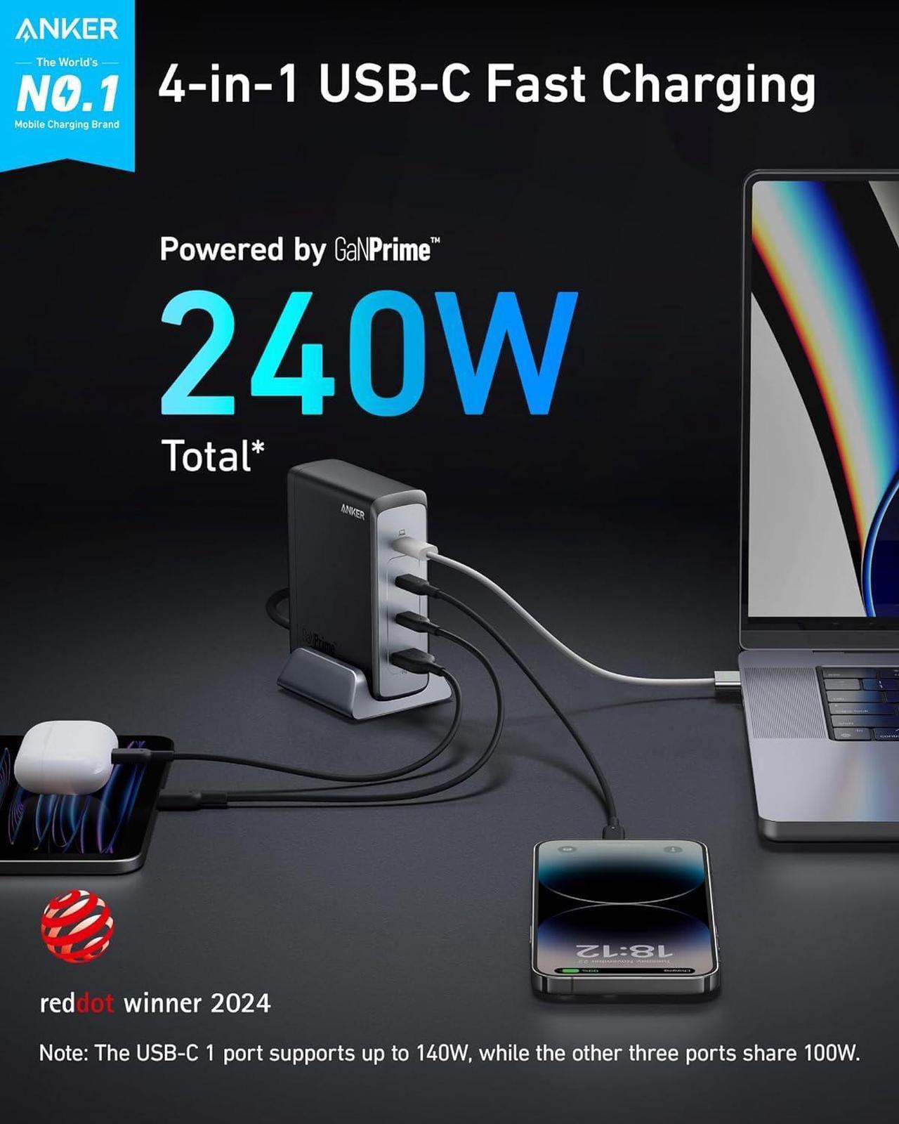 Alt view image 2 of 6 - 240W USB C Charger,  GaN Charger, 4-Port Fast Compact GaN Charger for MacBook Pro/Air, iPhone 16/15/Pro, iPad Pro,  XPS, Galaxy S23/S22, Note20, Pixel,  Watch, and More