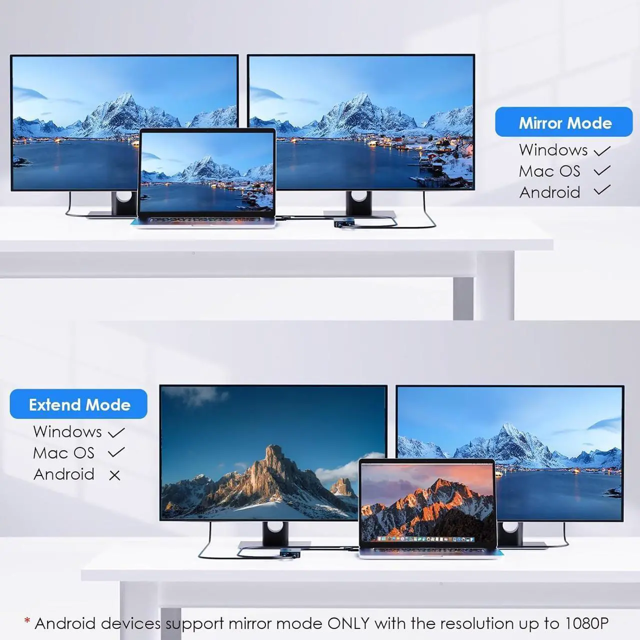 Alt view image 3 of 7 - USB 3.0 or USB C to Dual HDMI Splitter Extended Display for Dual Monitor, Displaylink Adapter Dual HDMI 4K 60Hz for  Mac M1/M2/M3 or Windows 10/11, USB A/C to HDMI 4K Output