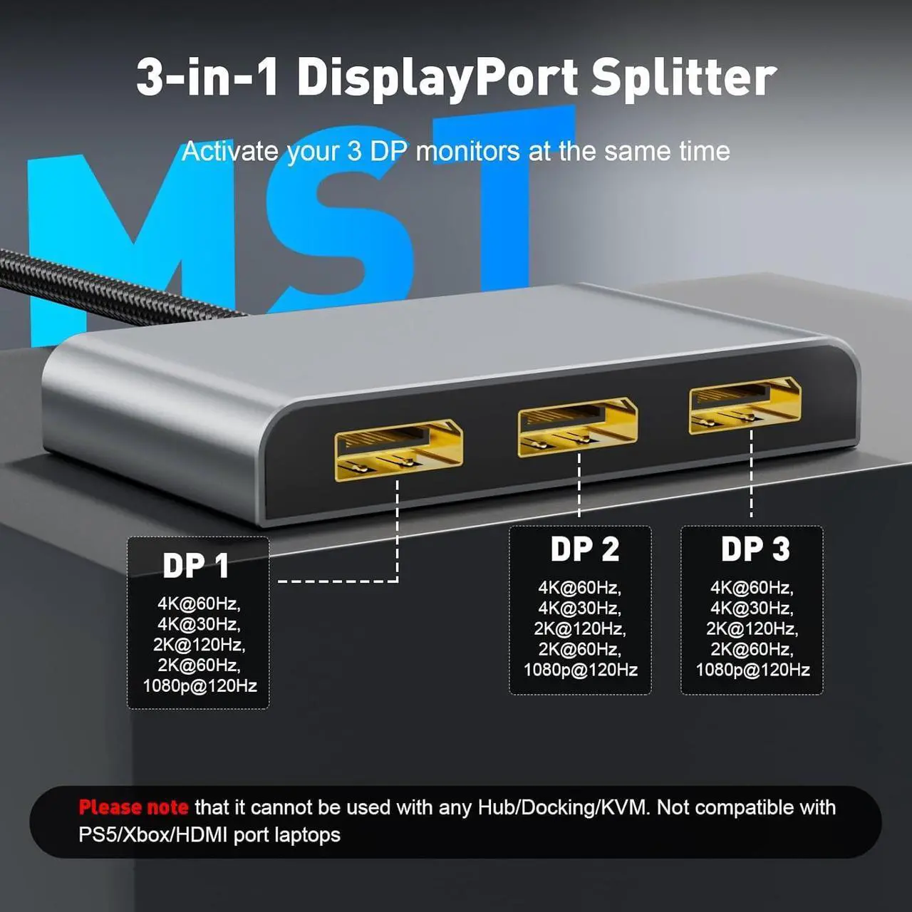 Alt view image 2 of 7 - DisplayPort Splitter for 3 Monitors Extended Display | 4K 60Hz Display Port to Docking Station 1 in 3 Out Adapter 3xDP MST Hub for PC, NVIDIA,