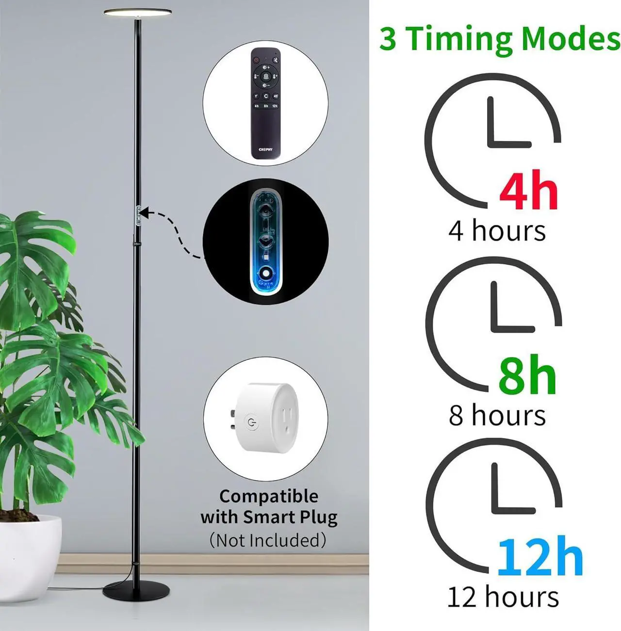 Alt view image 5 of 7 - Grow Lights, 85" Full Spectrum Plant Light for Indoor Plants, 4/8/12H Timer, 60W Grow Lamp, 10 Dimmable Brightness, Height Adjustable, Remote Control, Ideal for Tall Small Plants