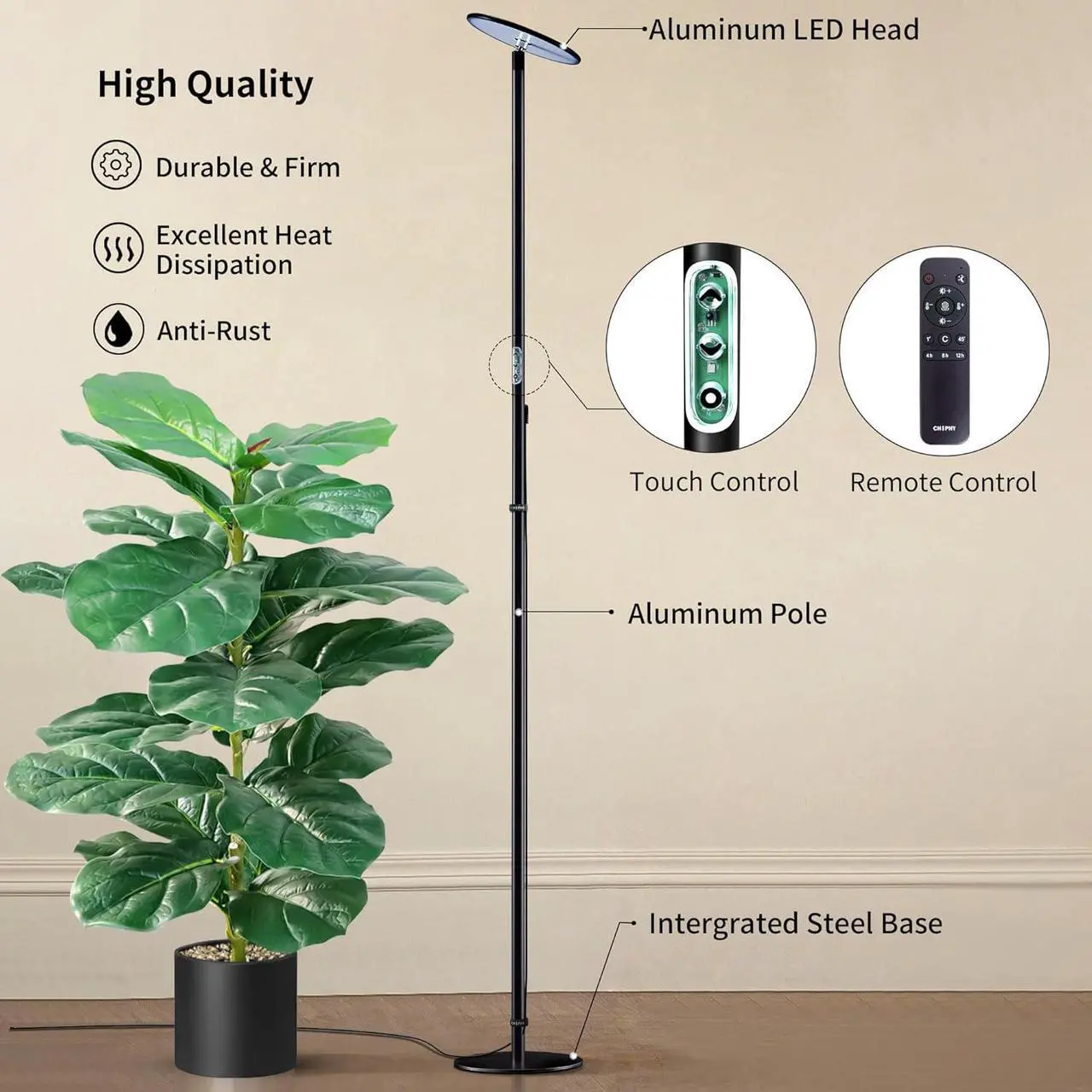 Alt view image 7 of 7 - Grow Lights, 85" Full Spectrum Plant Light for Indoor Plants, 4/8/12H Timer, 60W Grow Lamp, 10 Dimmable Brightness, Height Adjustable, Remote Control, Ideal for Tall Small Plants
