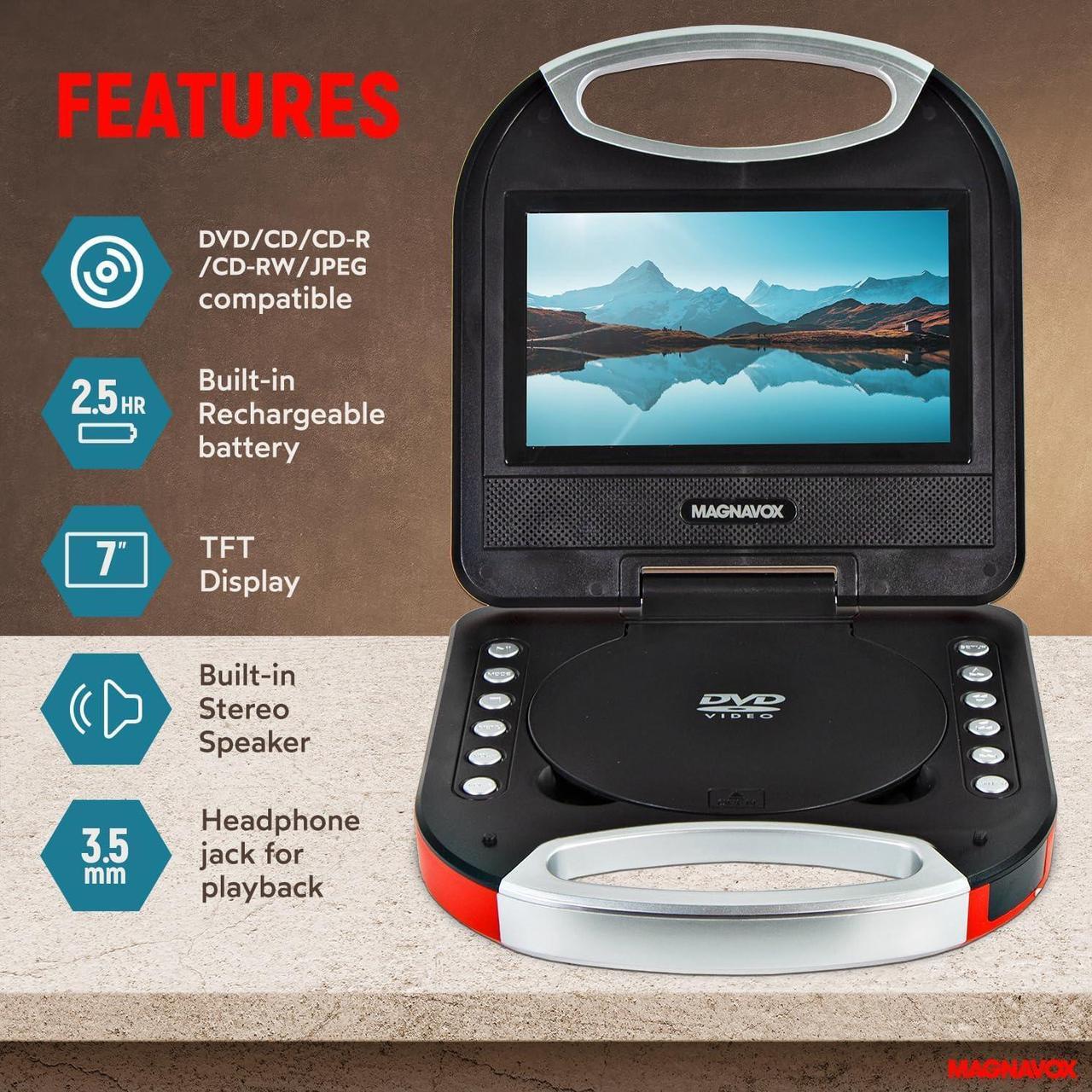 Alt view image 2 of 7 - MTFT750-RD Portable 7 inch TFT DVD/CD Player with Remote Control and Car Adapter in Red | Rechargeable Battery | Headphone Jack | Built-in Speakers |