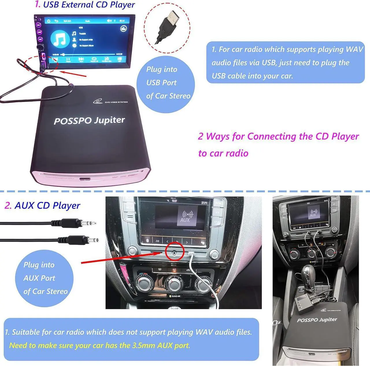 Alt view image 2 of 6 - CD DVD Player for Car with USB Port AUX Port, Portable External CD Player That Plugs into Car Laptop Desktop TV Computer, Plug & Play Upgraded with Extra USB Extension Cable