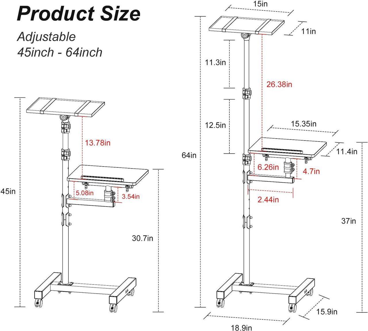 Alt view image 4 of 7 - 2 Shelves Projector Stand Tripod, Mobile Laptop Cart on Wheels Projector Tripod Stand Adjustable Height 45 to 64 Inches, Overbed Table with Wheels, Rolling Laptop Floor Stand for Couch