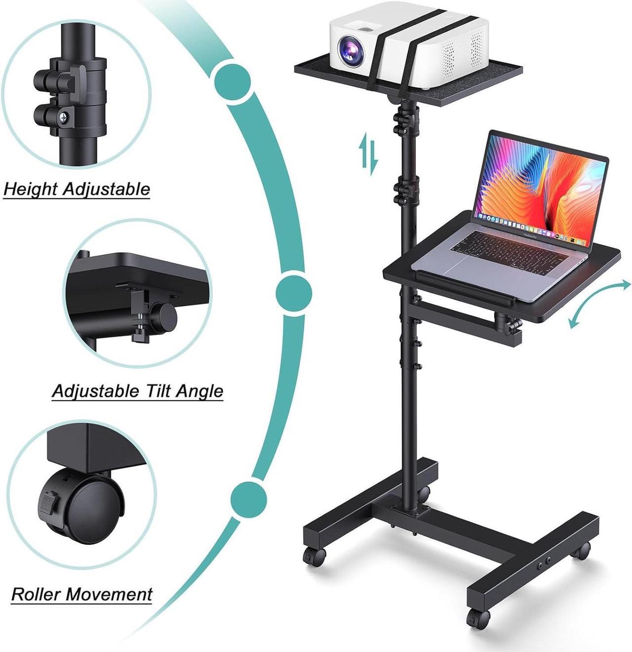 Alt view image 5 of 7 - 2 Shelves Projector Stand Tripod, Mobile Laptop Cart on Wheels Projector Tripod Stand Adjustable Height 45 to 64 Inches, Overbed Table with Wheels, Rolling Laptop Floor Stand for Couch