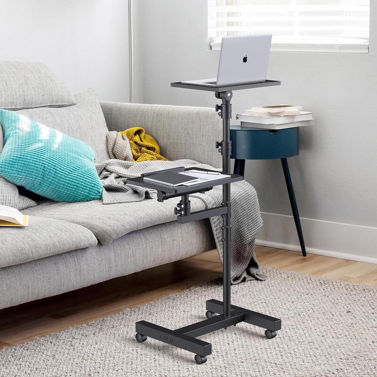Alt view image 7 of 7 - 2 Shelves Projector Stand Tripod, Mobile Laptop Cart on Wheels Projector Tripod Stand Adjustable Height 45 to 64 Inches, Overbed Table with Wheels, Rolling Laptop Floor Stand for Couch