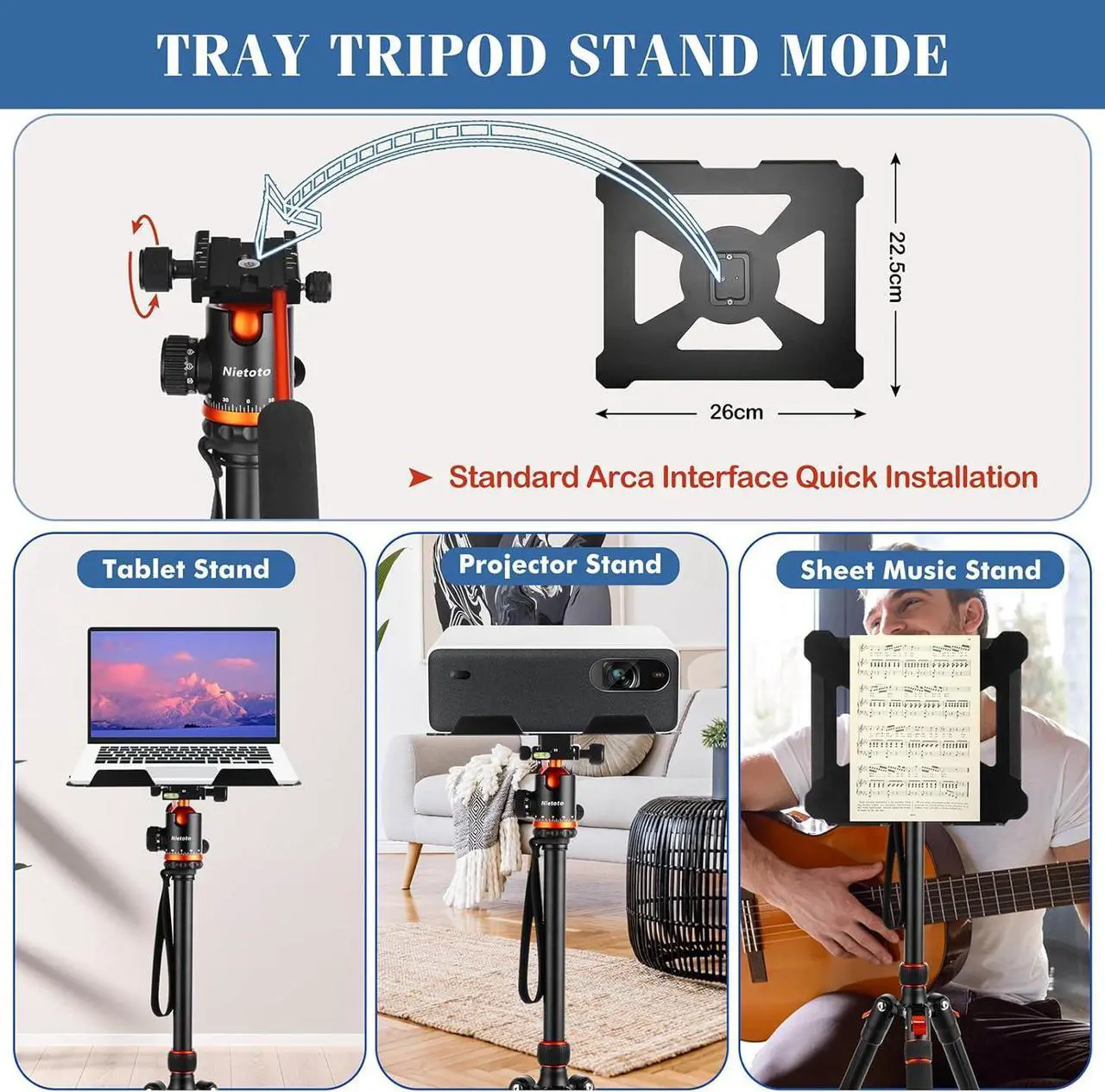Alt view image 3 of 7 - Tripod for Camera with Handle, 2 in1 Camera Tripods & Monopods with Removable Tray, Heavy Duty Tripod for DSLR Camera Projector and Sheet Music, Extra Metal Spikes and Carry Bag.