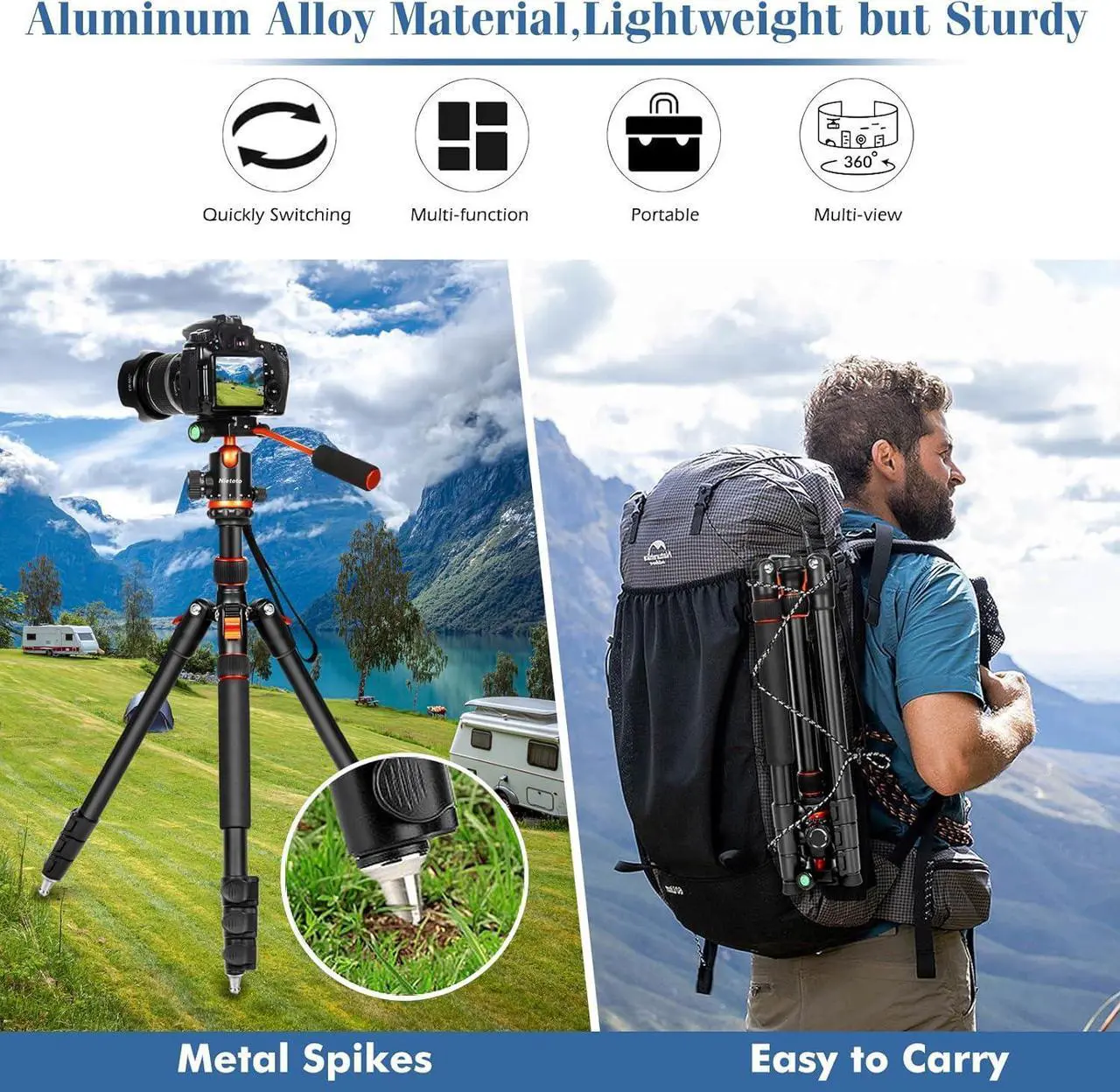 Alt view image 6 of 7 - Tripod for Camera with Handle, 2 in1 Camera Tripods & Monopods with Removable Tray, Heavy Duty Tripod for DSLR Camera Projector and Sheet Music, Extra Metal Spikes and Carry Bag.