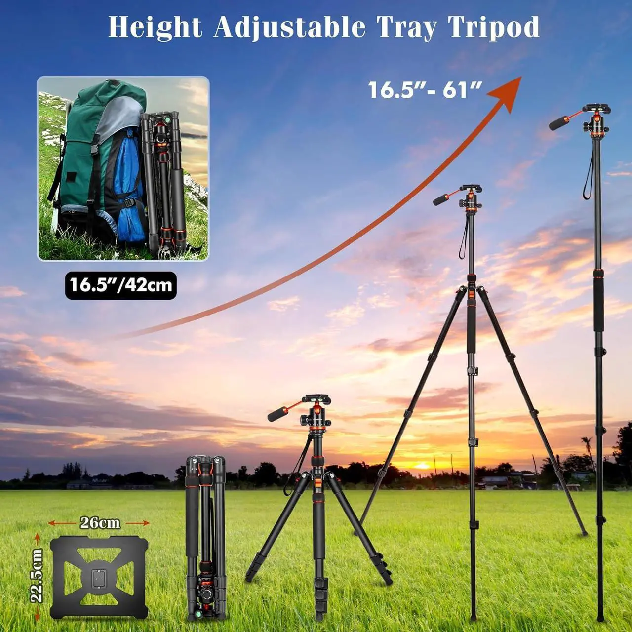 Alt view image 7 of 7 - Tripod for Camera with Handle, 2 in1 Camera Tripods & Monopods with Removable Tray, Heavy Duty Tripod for DSLR Camera Projector and Sheet Music, Extra Metal Spikes and Carry Bag.