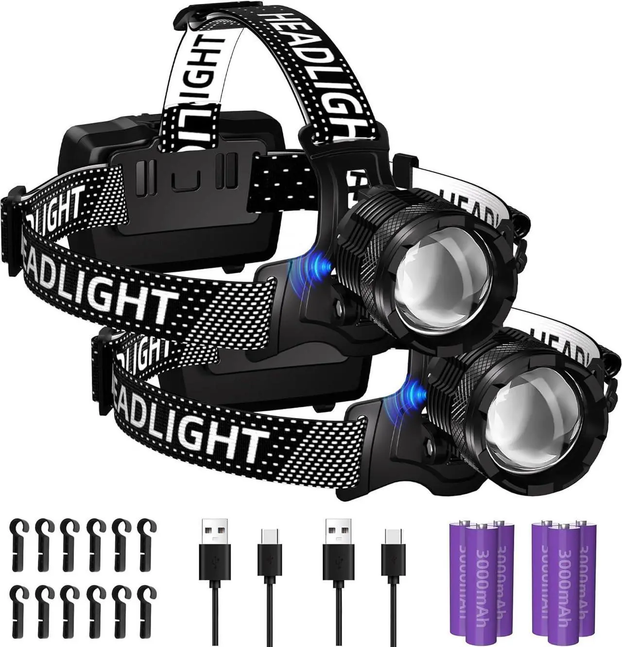 Main image of 100,000LM Rechargeable LED Headlamp 40H Long Battery Life, Super Bright Sensor Head Lamp with 3 Lighting Modes, Zoomable, Power Display, IP67 Waterproof for Camping Hunting Hiking 2PCS