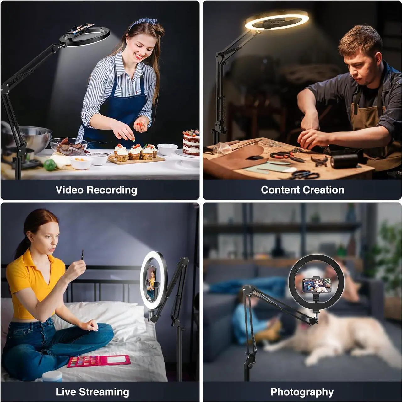 Alt view image 2 of 6 - Ring Light with Stand Overhead Phone Mount Holder,10 Ring Light Tripod for iPhone,Circle Led Selfie Light Phone Camera Stand for Video Recording,Photography, Streaming, Vlog, TikTok,YouTube