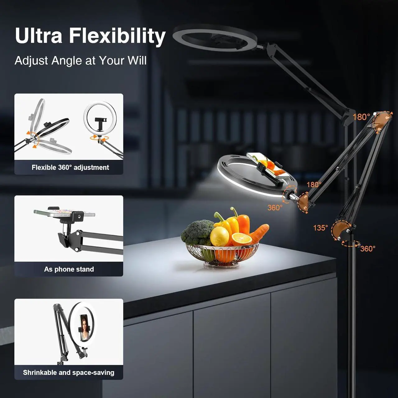 Alt view image 3 of 6 - Ring Light with Stand Overhead Phone Mount Holder,10 Ring Light Tripod for iPhone,Circle Led Selfie Light Phone Camera Stand for Video Recording,Photography, Streaming, Vlog, TikTok,YouTube