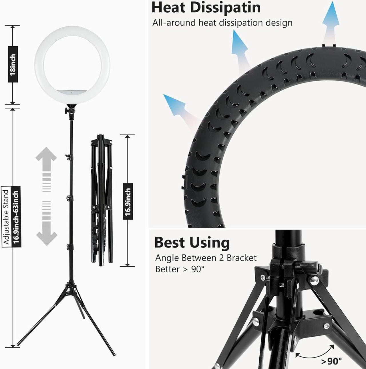 Alt view image 2 of 7 - Ring Light - 18 inch 48W Dimmable LED Ring Light Kit with Stand Adjustable 3200-6500 K Color Temperature Lighting for Vlog, Makeup, YouTube, Photo,Camera,Video - Control with Remote