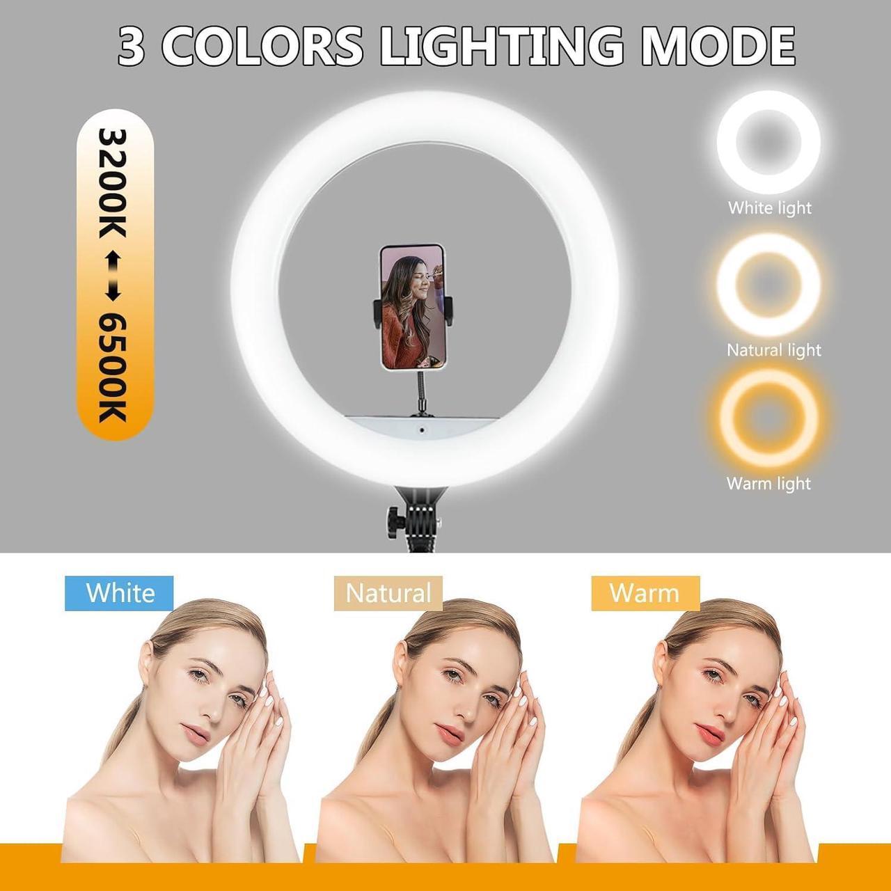 Alt view image 3 of 7 - Ring Light - 18 inch 48W Dimmable LED Ring Light Kit with Stand Adjustable 3200-6500 K Color Temperature Lighting for Vlog, Makeup, YouTube, Photo,Camera,Video - Control with Remote