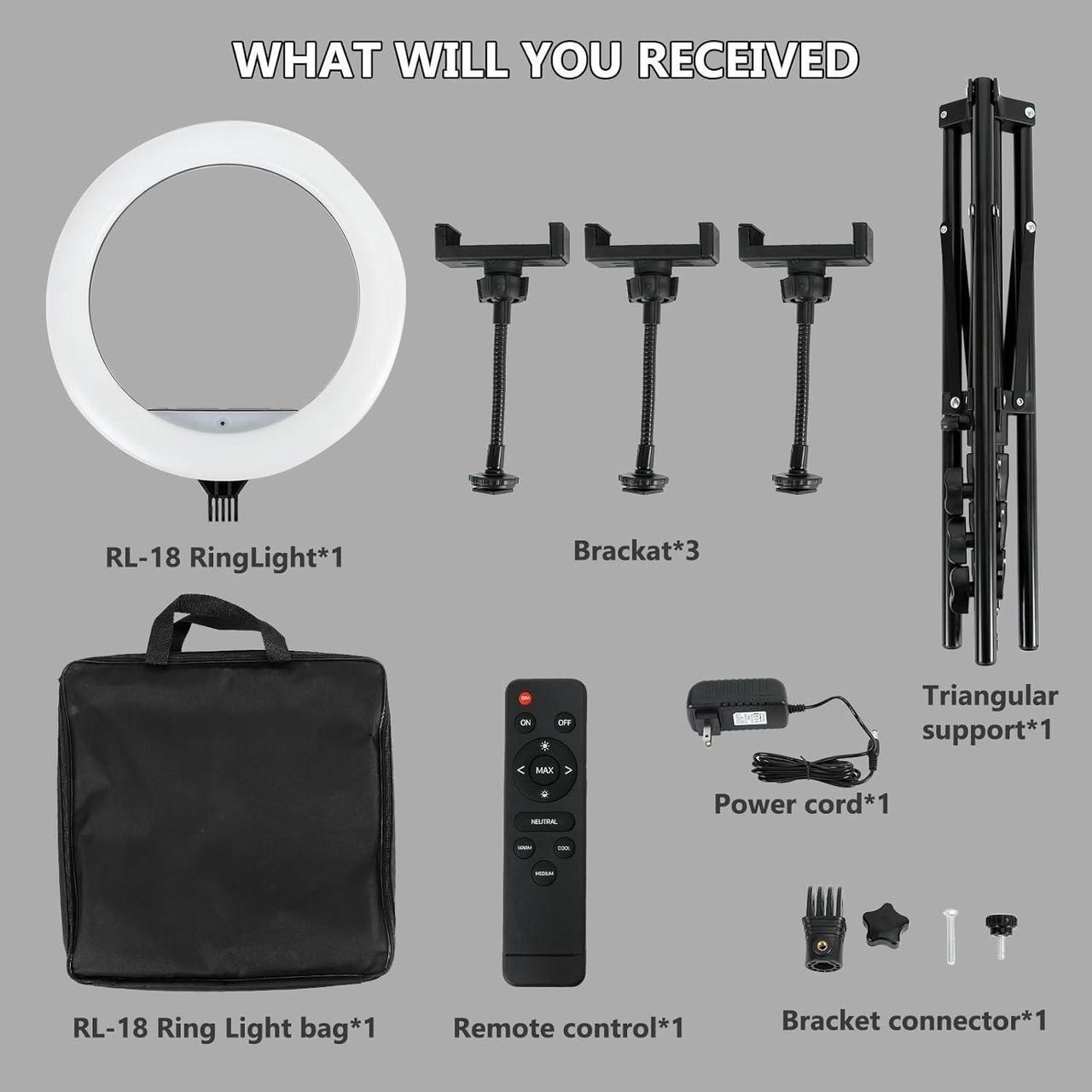 Alt view image 7 of 7 - Ring Light - 18 inch 48W Dimmable LED Ring Light Kit with Stand Adjustable 3200-6500 K Color Temperature Lighting for Vlog, Makeup, YouTube, Photo,Camera,Video - Control with Remote