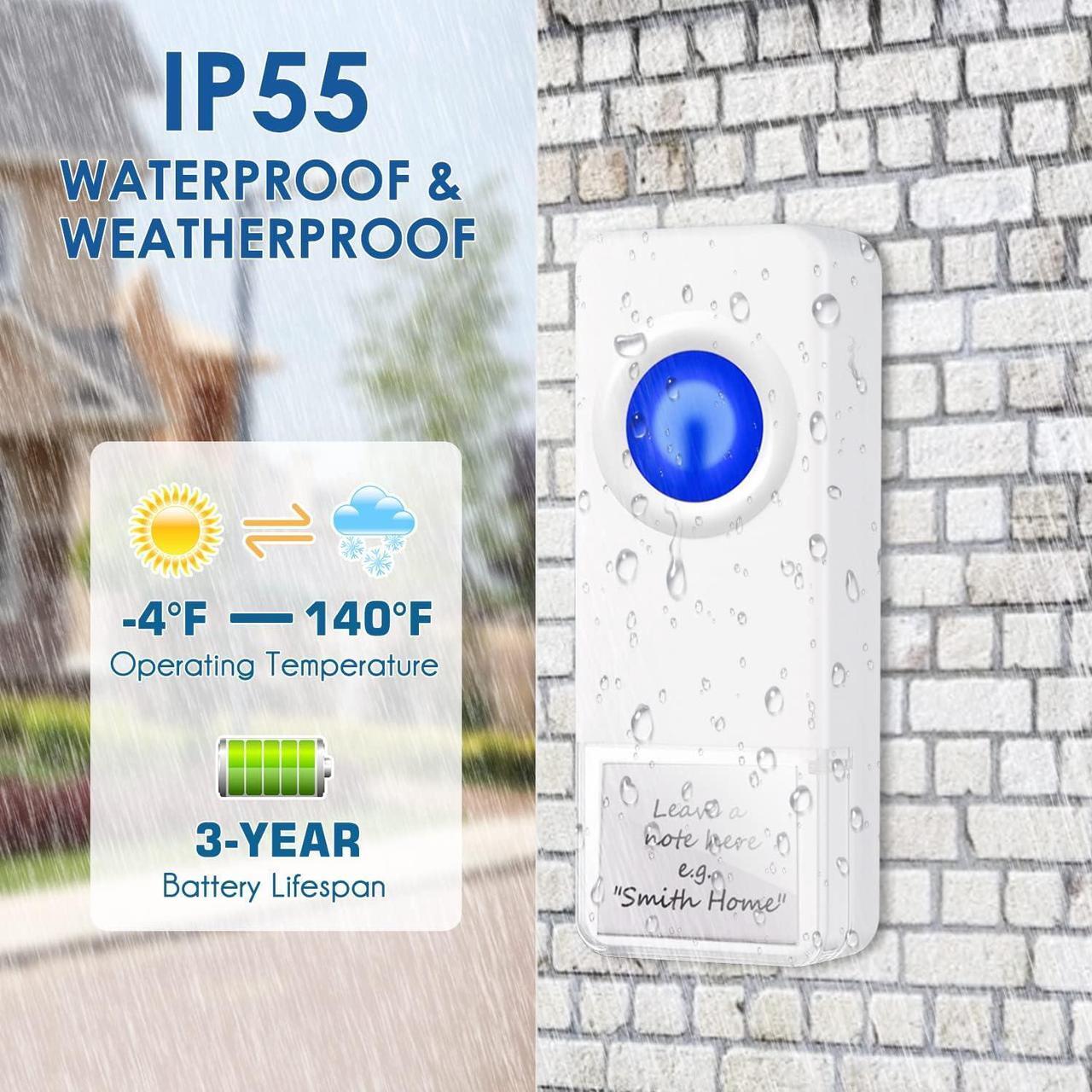 Alt view image 5 of 7 - Wireless Doorbell, PHYSEN Waterproof Door bell Chime Kit Operating at 1300-ft Range 58 Adjustable Melodies 5 Volume Levels & LED Flash, Doorbell Alarm for Home/Classroom, 2 Push Buttons+4 Receivers