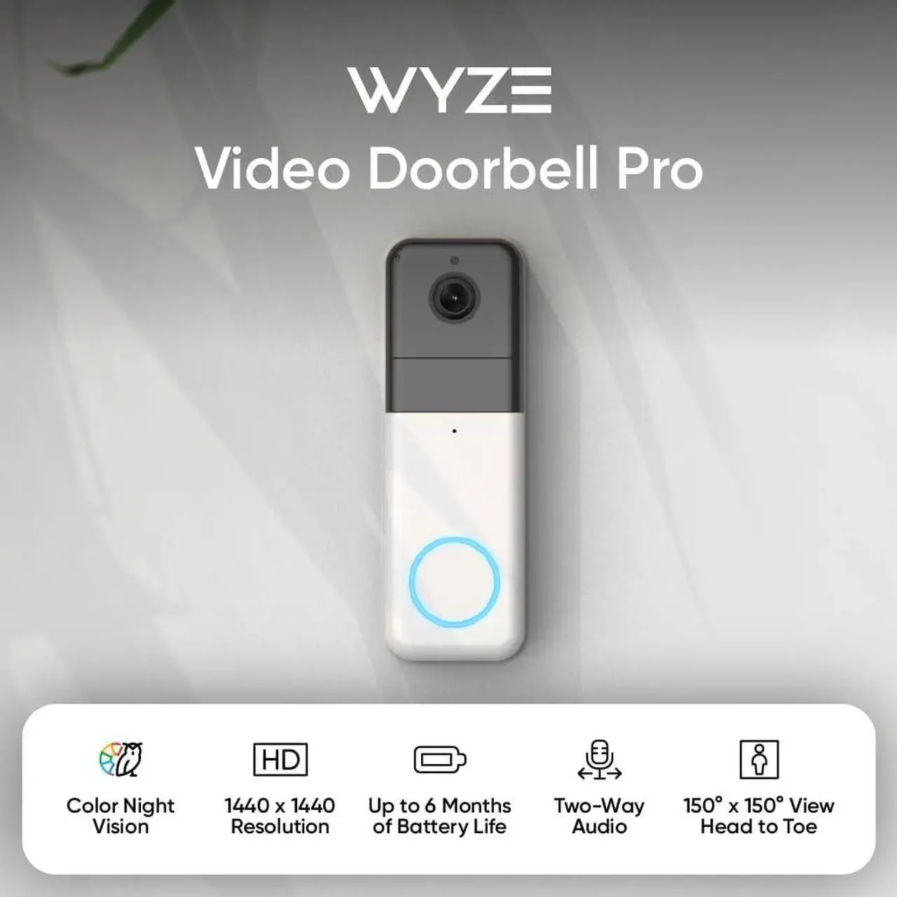 Alt view image 2 of 7 - Wyze Wireless Video Doorbell Pro (Chime Included), 1440 HD Video, 1:1 Aspect Ratio: 1:1 Head-to-Toe View, 2-Way Audio, Night Vision