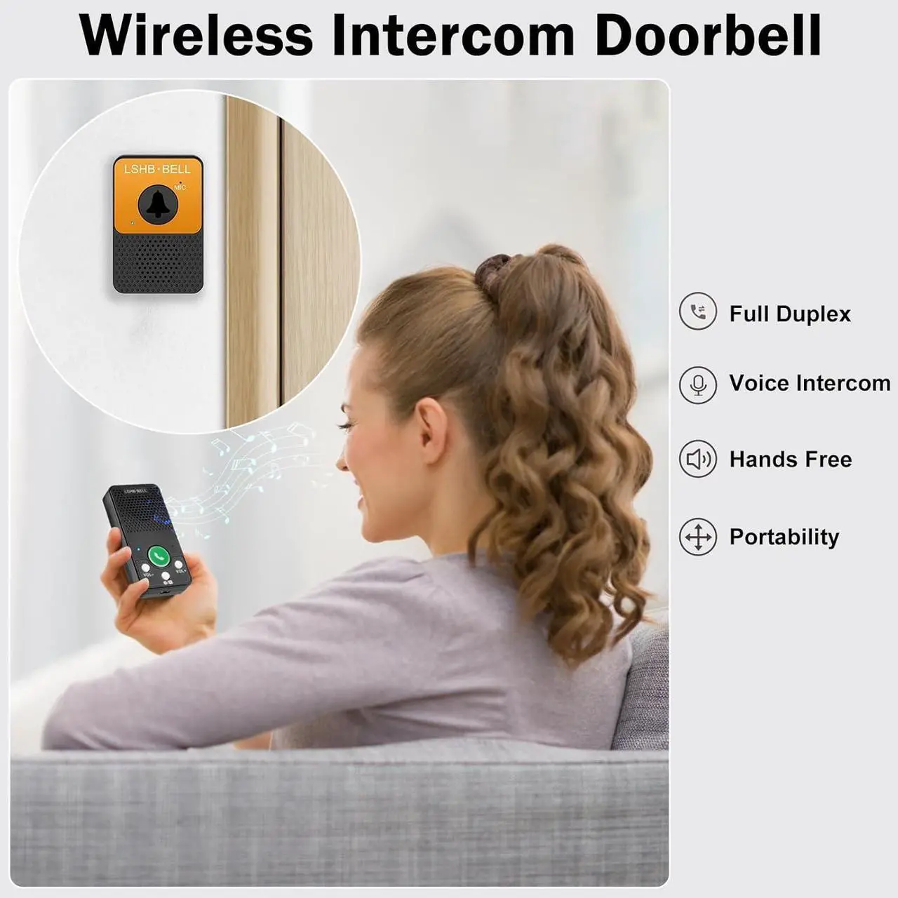 Alt view image 2 of 6 - Wireless Doorbell, Voice Intercom Doorbells, Full Duplex, Hands-Free, Long Range, LED Indicator, 8 Volume Levels, 4 Door Chimes, Movable Portable Wireless Door Bell Kit for Home Office Outdoor, Black