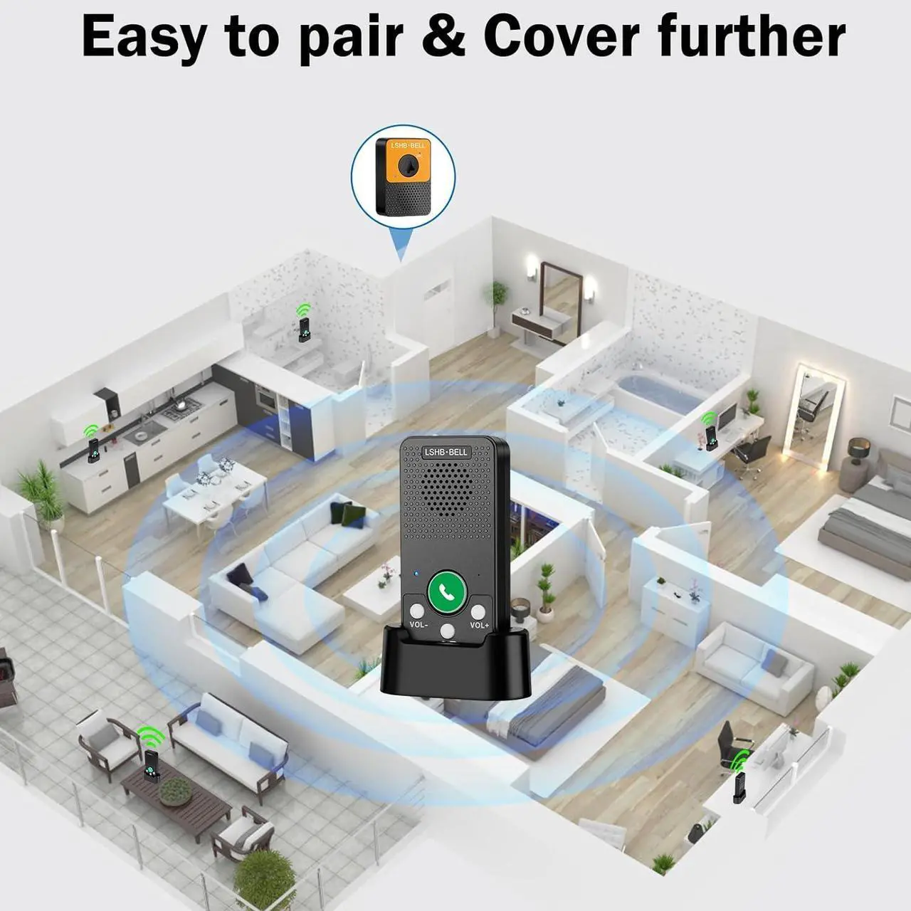 Alt view image 4 of 6 - Wireless Doorbell, Voice Intercom Doorbells, Full Duplex, Hands-Free, Long Range, LED Indicator, 8 Volume Levels, 4 Door Chimes, Movable Portable Wireless Door Bell Kit for Home Office Outdoor, Black