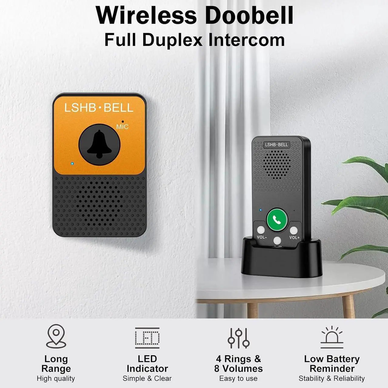 Alt view image 5 of 6 - Wireless Doorbell, Voice Intercom Doorbells, Full Duplex, Hands-Free, Long Range, LED Indicator, 8 Volume Levels, 4 Door Chimes, Movable Portable Wireless Door Bell Kit for Home Office Outdoor, Black