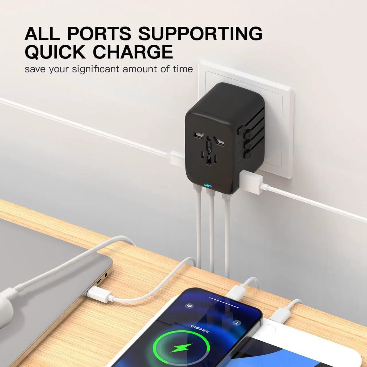 Alt view image 7 of 7 - 120W International Travel Adapter, 4USB-C & 1USB-A Worldwide Power Adapter, GaN Fast Charger with UK EU AU US Plugs, All-in-One International Converter for Tablets Phones