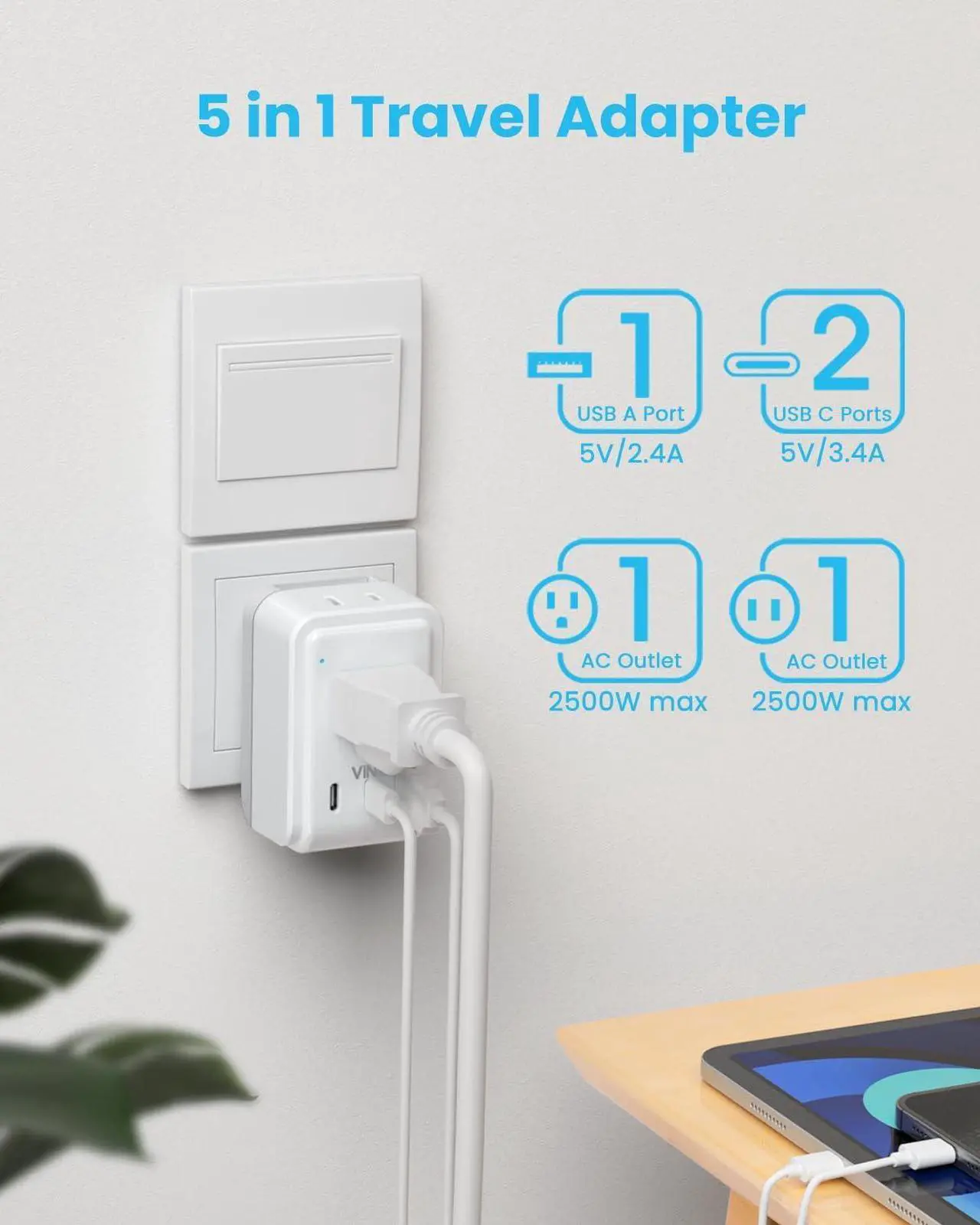 Alt view image 3 of 6 - Universal Travel Adapter Kit, International Power Adapter with 3 USB Ports (2 USB C, 3.4A) and 2 AC, Type A,C,D,E/F,G,H,I,L,M Detachable Attachments, Adapter for India/Africa/EU/UK//AU/JP/US