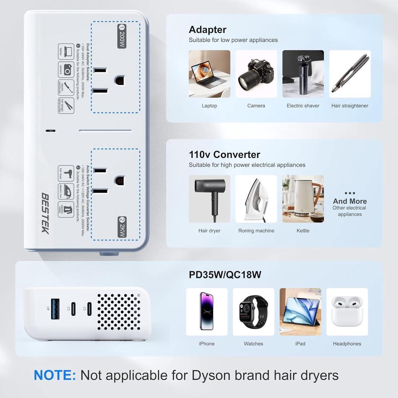 Alt view image 3 of 7 - 2000W Voltage Converter 220V to 110V International Universal Voltage Converter US to Europe Travel Adapter with 2 AC Outlets and 3 USB Ports(2 PD35W), for Hair Dryer Straightener