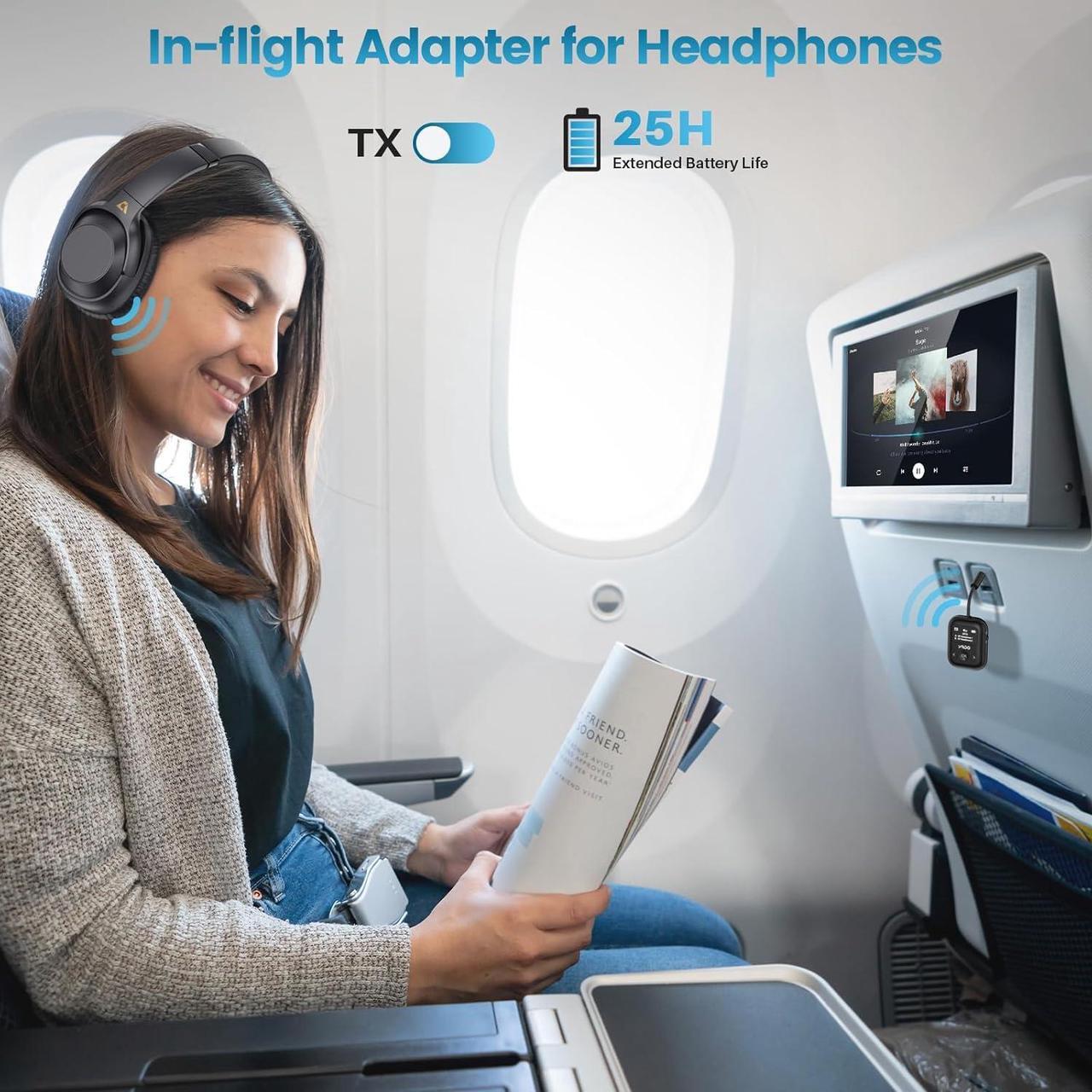 Alt view image 2 of 7 - Upgraded Bluetooth 5.4 Transmitter Receiver for Airplane, Wireless Bluetooth Transmitter Travel Essentials, Supports to 2 Headphones, 2-in-1 Adapter for Planes,TV, Gym,Car,Home Stereo