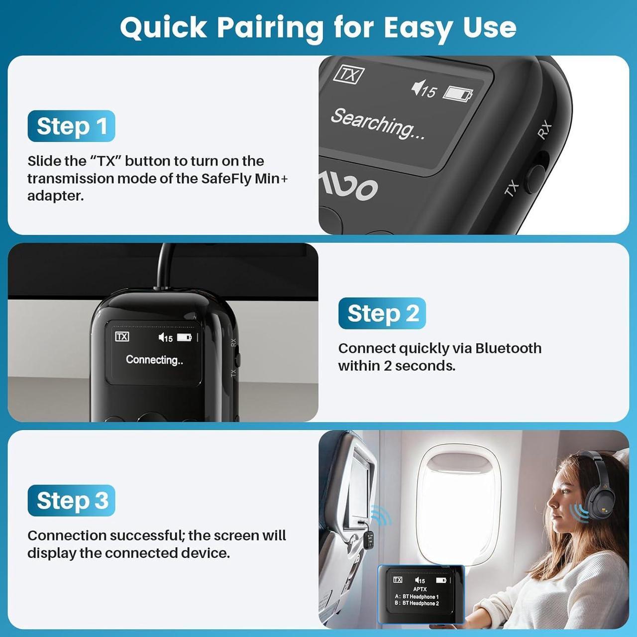 Alt view image 6 of 7 - Upgraded Bluetooth 5.4 Transmitter Receiver for Airplane, Wireless Bluetooth Transmitter Travel Essentials, Supports to 2 Headphones, 2-in-1 Adapter for Planes,TV, Gym,Car,Home Stereo