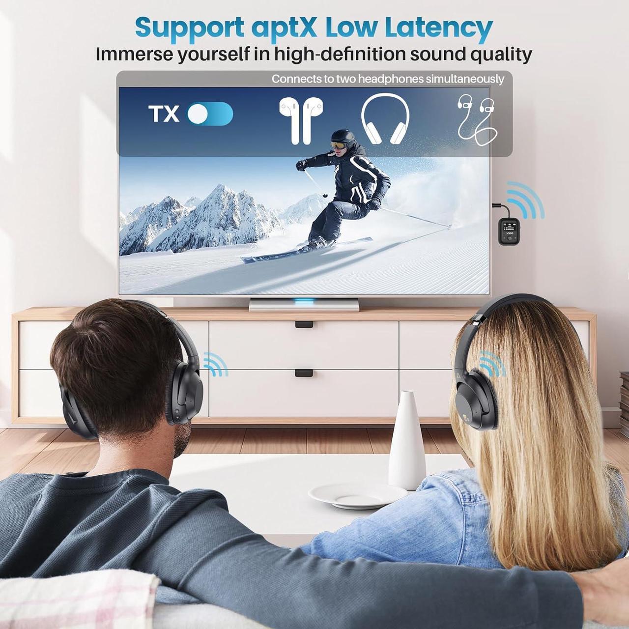 Alt view image 5 of 7 - Upgraded Bluetooth 5.4 Transmitter Receiver for Airplane, Wireless Bluetooth Transmitter Travel Essentials, Supports to 2 Headphones, 2-in-1 Adapter for Planes,TV, Gym,Car,Home Stereo