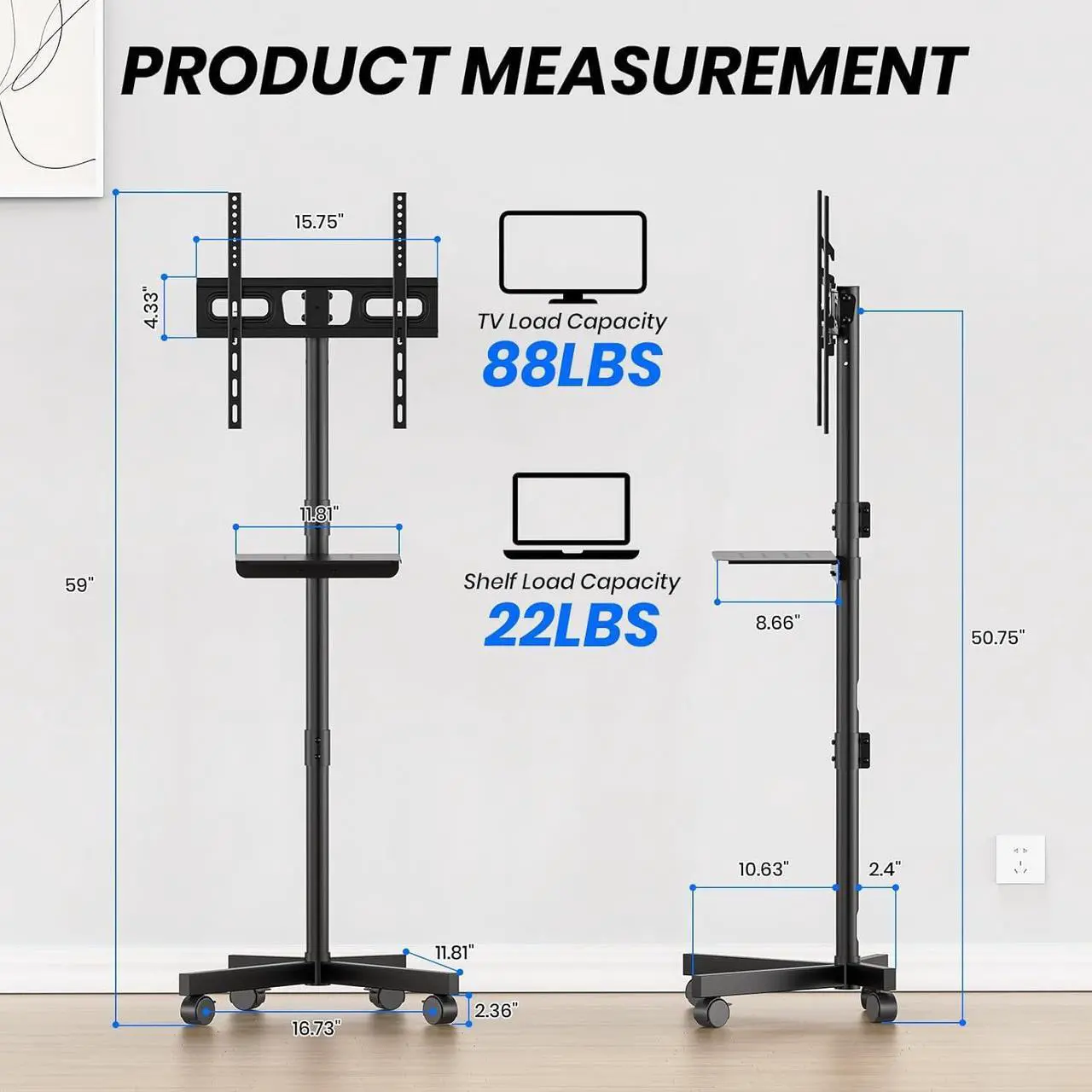 Alt view image 2 of 7 - Mobile TV Cart for 23-60 Inch LCD LED OLED Flat Curved Screen Outdoor TVs Height Adjustable Rolling TV Cart Floor Stand with Shelf and Locking Wheels Up to 88lbs Monitor TV Max VESA 400x400mm