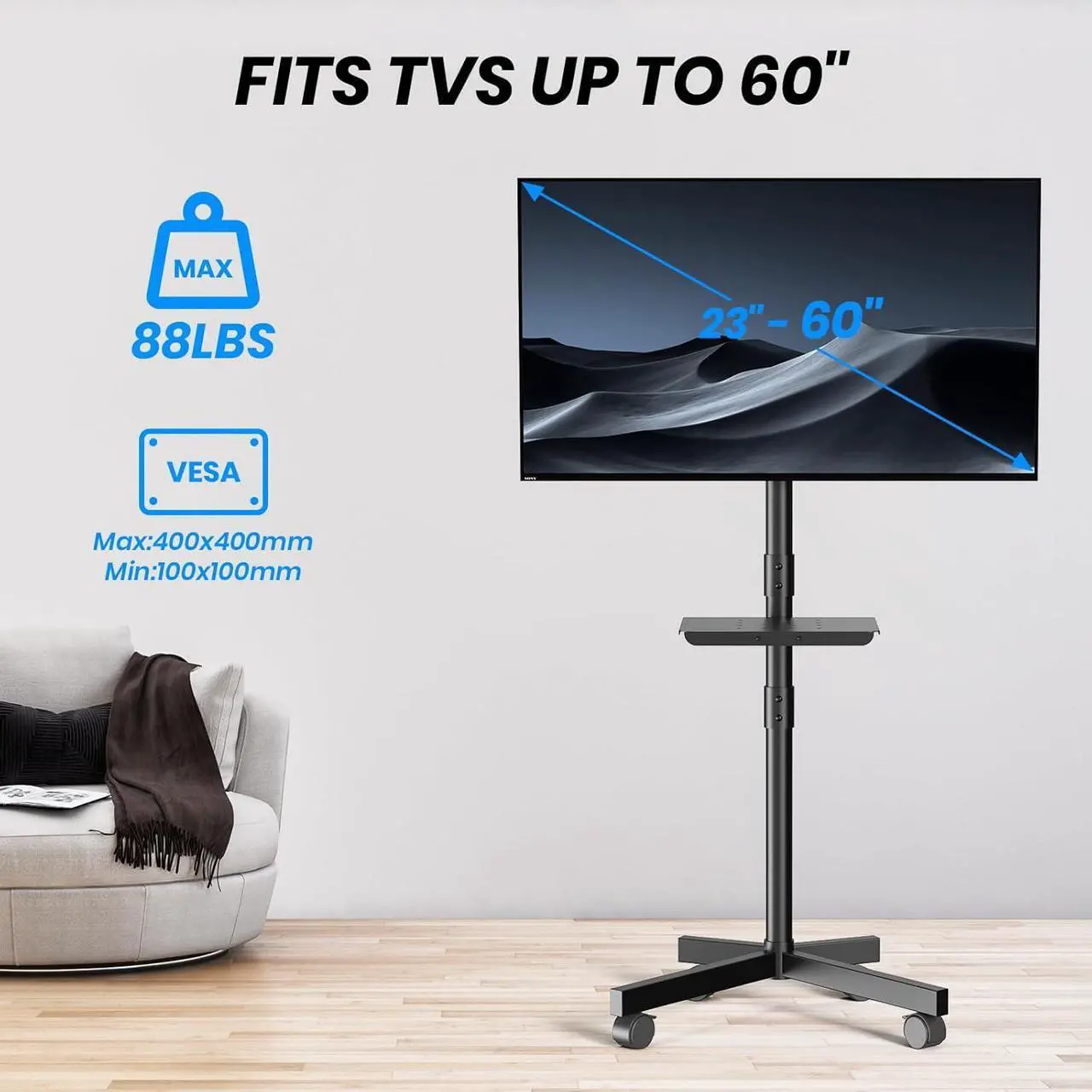 Alt view image 7 of 7 - Mobile TV Cart for 23-60 Inch LCD LED OLED Flat Curved Screen Outdoor TVs Height Adjustable Rolling TV Cart Floor Stand with Shelf and Locking Wheels Up to 88lbs Monitor TV Max VESA 400x400mm
