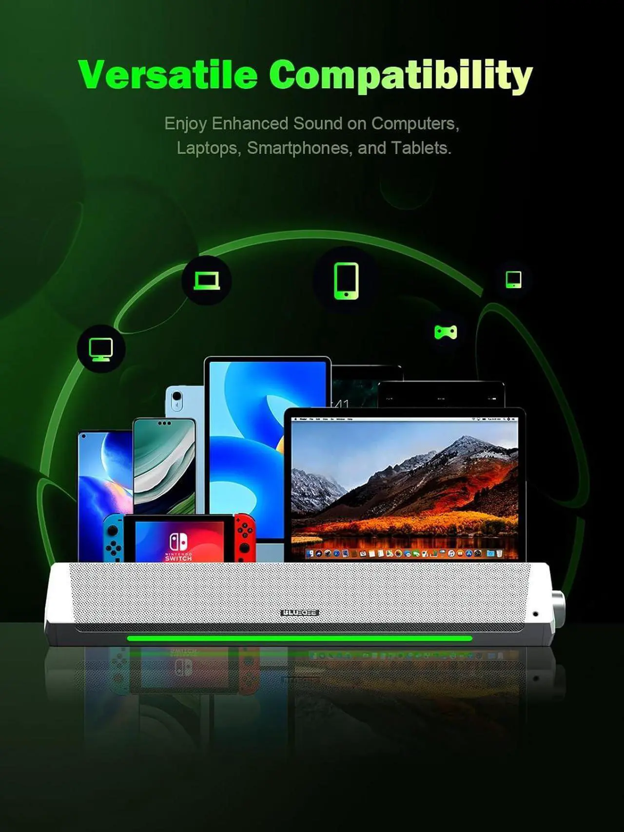 Alt view image 4 of 7 - Bluedee Computer Speakers, Bluetooth Computer Soundbar, HiFi Stereo, 3.5mm Aux-in Connection, USB Powered Computer Speakers for Desktop Monitor, PC, Laptop, Tablets