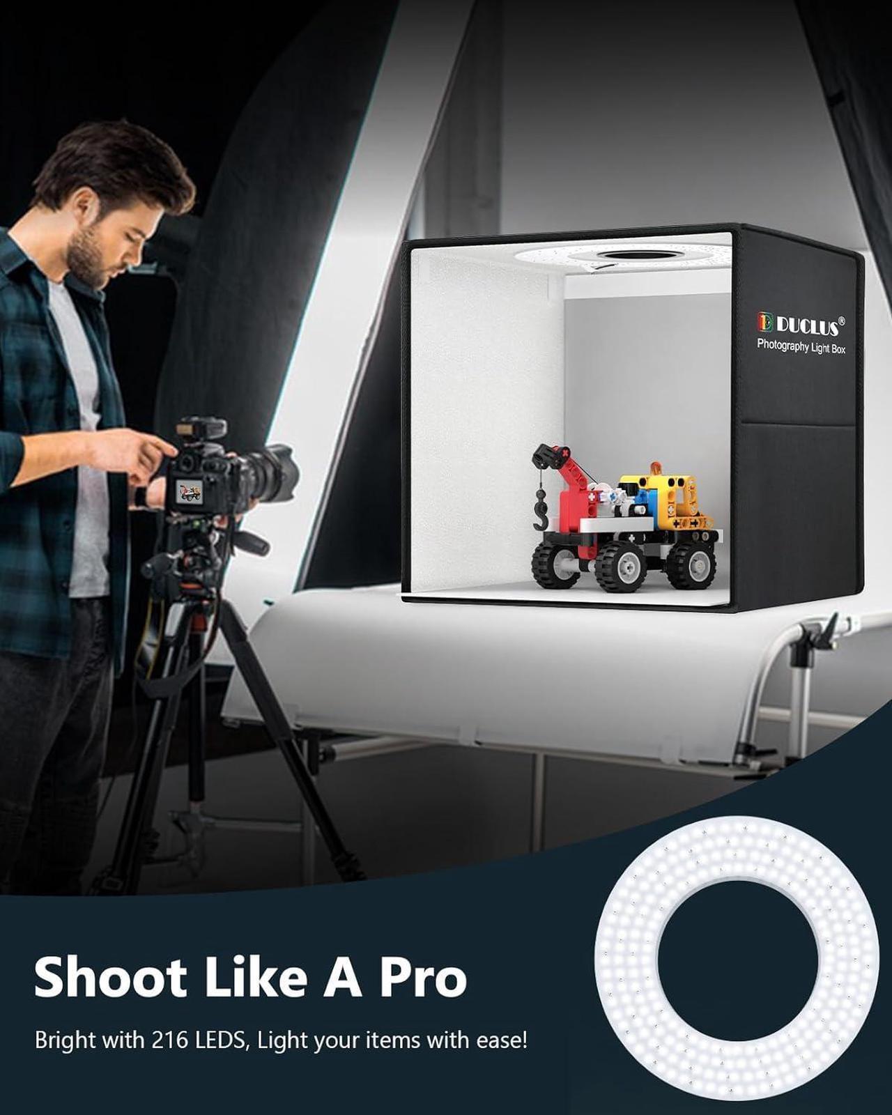 Alt view image 2 of 7 - Light Box Photography 20" x 20", Large Portable Photo Studio Light Tent kit, Professional Dimmable Photo Booth with 216 LED Lights & 6 Backdrops for Jewelry and Food Items Product Photography