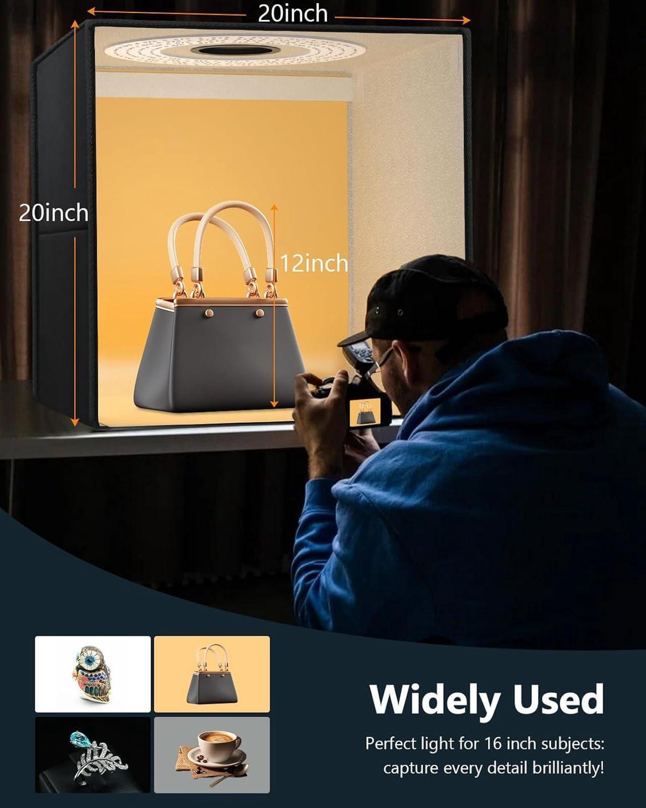 Alt view image 6 of 7 - Light Box Photography 20" x 20", Large Portable Photo Studio Light Tent kit, Professional Dimmable Photo Booth with 216 LED Lights & 6 Backdrops for Jewelry and Food Items Product Photography