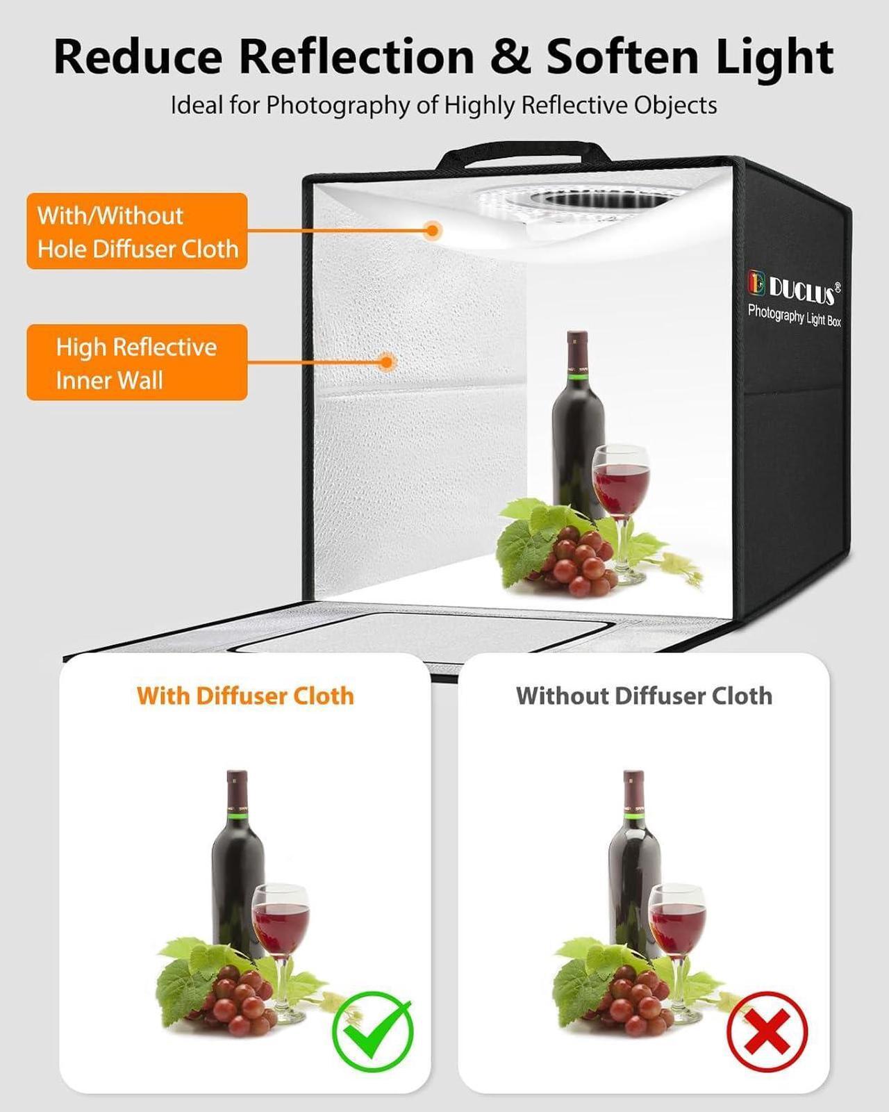 Alt view image 7 of 7 - Light Box Photography 20" x 20", Large Portable Photo Studio Light Tent kit, Professional Dimmable Photo Booth with 216 LED Lights & 6 Backdrops for Jewelry and Food Items Product Photography