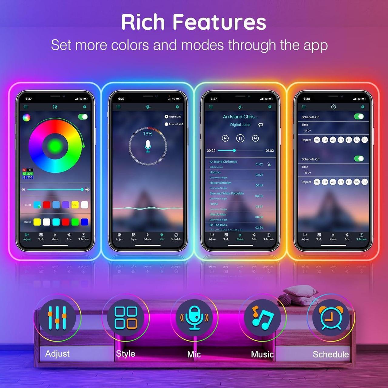 Alt view image 7 of 7 - Led Neon Rope Lights 60FT Control with App/Remote Flexible Led Rope Lights Multiple Modes IP68 Outdoor RGB Neon Lights Waterproof Music Sync Gaming Led Strip Lights for Bedroom Indoor