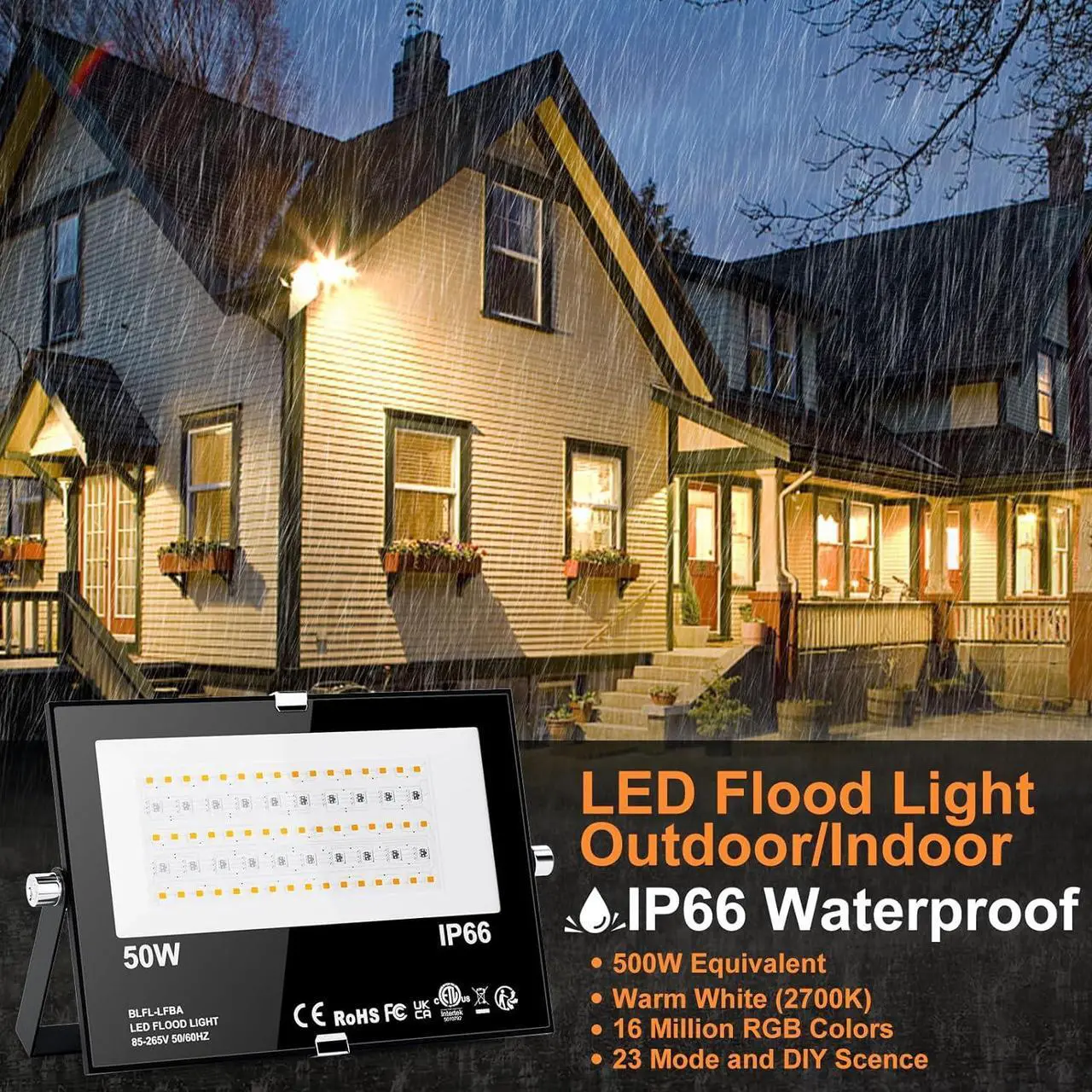 Alt view image 2 of 7 - LED Flood Lights RGB Color Changing 500W Equivalent, Outdoor RGBW Bluetooth Smart Floodlights APP Control,IP66 Waterproof, Timing, 2700K&16 Million Colors 23 Modes for Stage Landscape Lighting 2 Pack